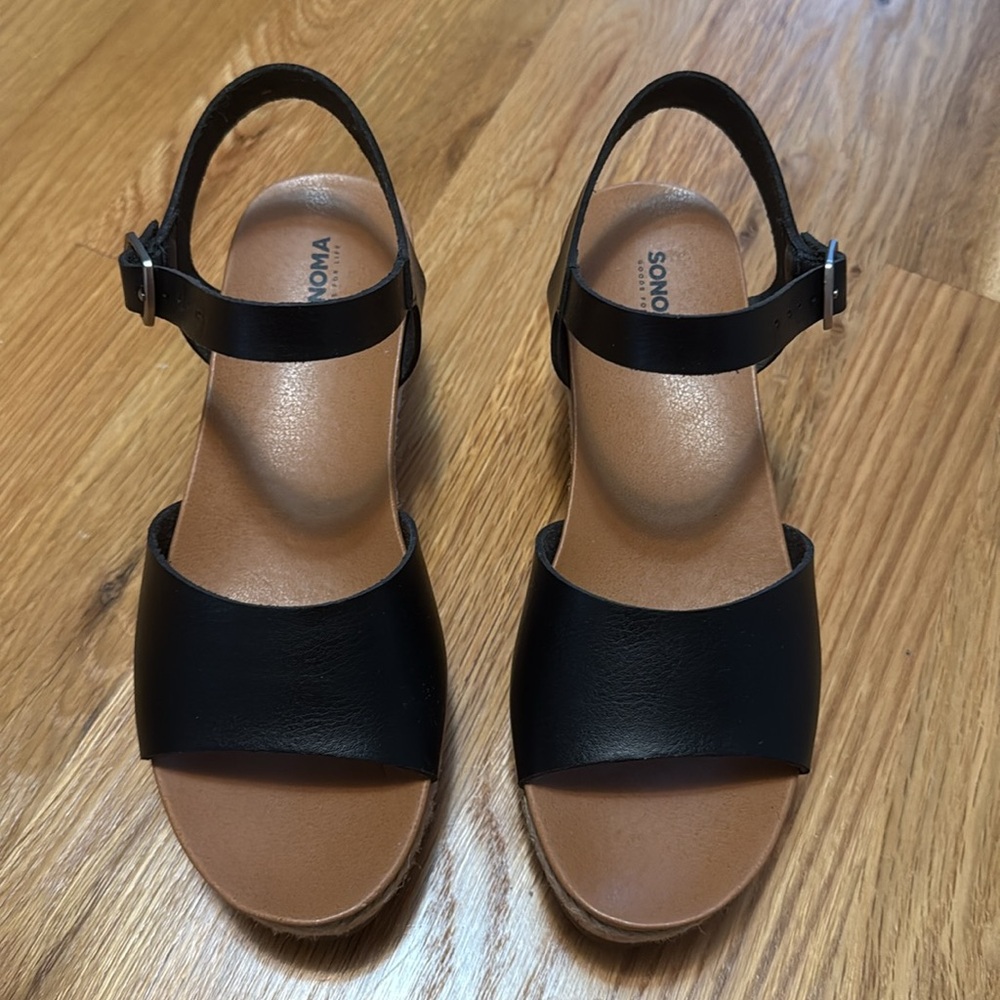 Sonoma Esme Faux Leather/Cork Espadrille Wedge Sandal, Black, Size 6,